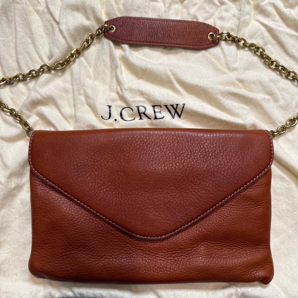 J. Crew Brown Cognac Brown Leather Clutch Shoulder Strap - Picture 2 of 10